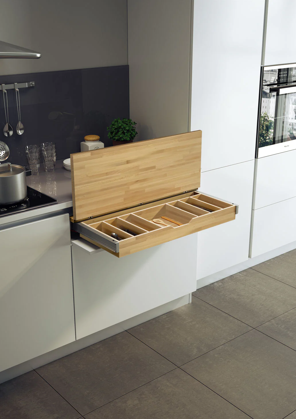 Salice Atim - Functional – Pull-out Worktop with Beech Wooden Top & Cutlery Tray - Image 3